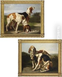 Two Tethered Hounds, One
Drinking Water, In A Landscape; And Two Tethered Hounds, One Sitting, In
A Landscape by Constant Troyon