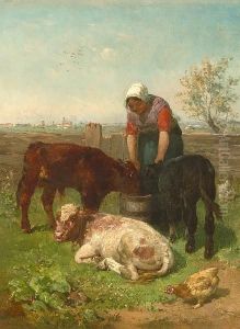 Tending The Calves by Constant Troyon