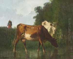 Bauerin Mit Kuhen Auf Einer Wiese. by Constant Troyon