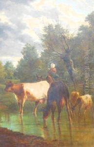 Woman & Child Riding A Donkey Past A Woodland Stream With Cattle by Constant Troyon