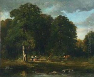 Wooded Landscape With Figures By A Pool by Constant Troyon