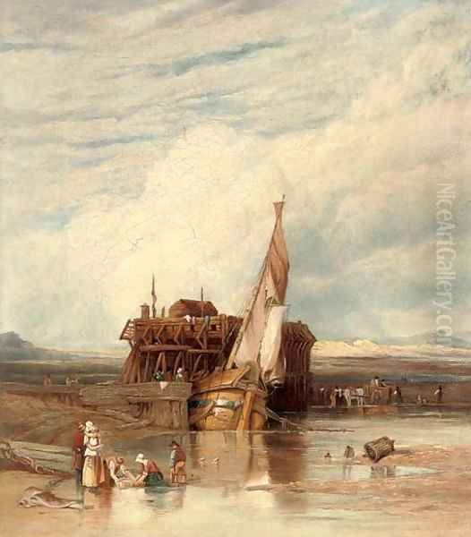 A boat moored with figures in the foreground, Fort Rouge, Calais - view 1