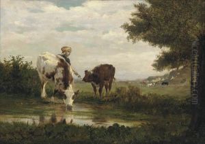 Watering Cattle In Pasture by Constant Troyon