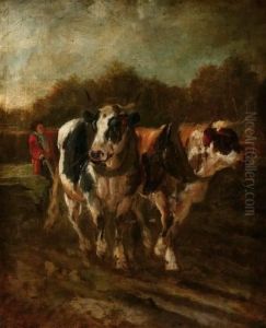 Constant Troyon . Two Cows And A Ploughman by Constant Troyon
