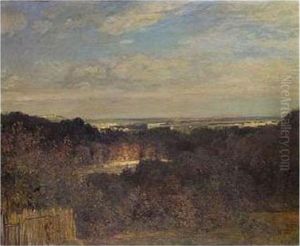 Panoramic Landscape With A View Of A Distant City by Constant Troyon