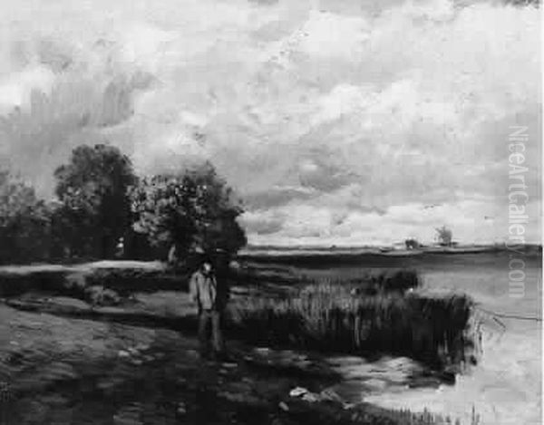 Promeneur Pres D'un Etang Huile Sur Panneau Porte Le Timbre De La Vente En Bas A Gauche - view 1