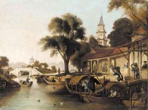 An oriental waterway scene with figures loading sacks onto punts