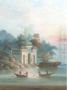 Boats infront of a temple; and another similar by Anglo-Chinese School