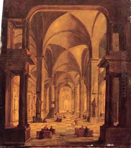 A view in a Gothic church with elegant townsfolk