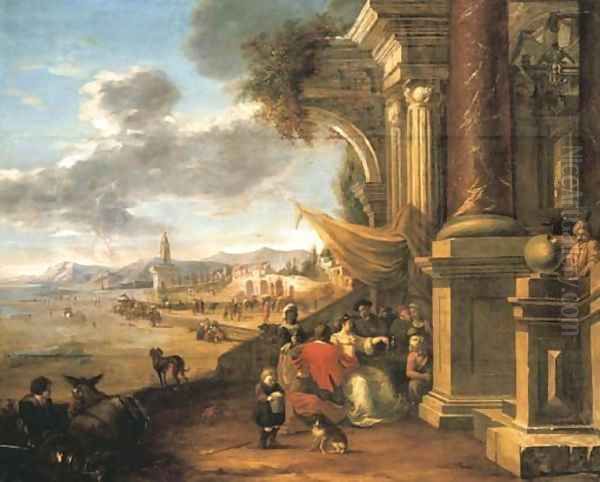 Elegant figures in an outdoor classical setting - view 1