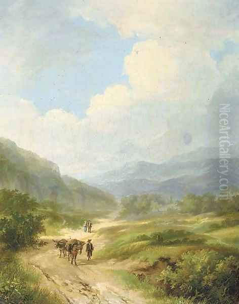 Travellers in a hilly landscape - view 1