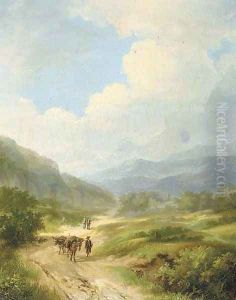 Travellers in a hilly landscape by Ferdinand Hendrik Sijpkens