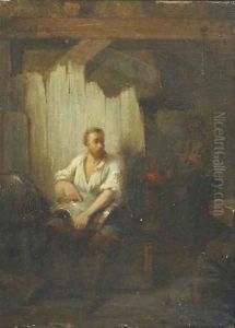 A blacksmith polishing armour in his workshop by Hendricus Johannes Scheeres
