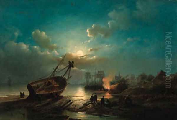 A fire on the shore in moonlight - view 1
