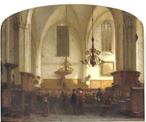 In de Buurkerk te Utrecht a service in a sunlit church by Jan Jacob Schenkel