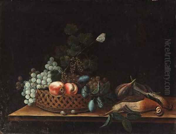 Grapes, peaches, plums and currants in a basket - view 1
