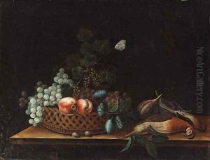 Grapes, peaches, plums and currants in a basket by Northern School