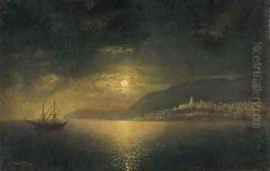 Coastal City with Shipping by Moonlight