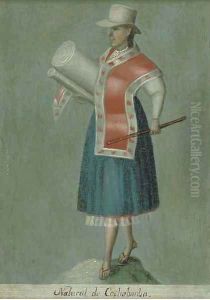 A Bolivian Woman holding a Roll of Materia by South American School