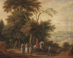 A wooded landscape with a cavalryman and other figures on a track by Adriaen Van Stalbemt
