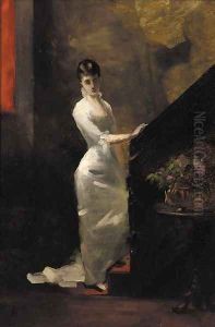 A lady in a white dress at the foot of the stairs