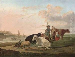A landscape with a drover, his family and cattle by Jacob Van Stry