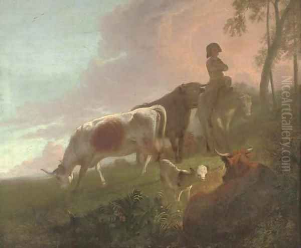 A landscape with a mounted drover and his cattle at twilight - view 1