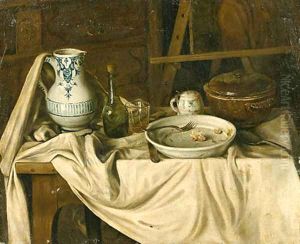An Artist's Studio with a Meal set out on a partially draped Bench in the foreground by Jacques Albert Senave