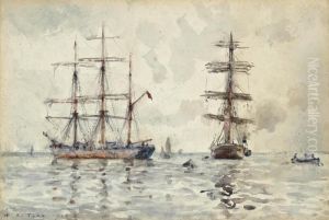 Windjammers At Anchor In A Calm by Henry Scott Tuke