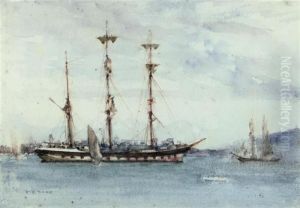 A Windjammer At Anchor In The Harbour At Falmouth by Henry Scott Tuke
