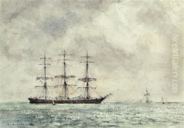 A Windjammer At Anchor With The Sun Breaking Through Theclouds - view 1