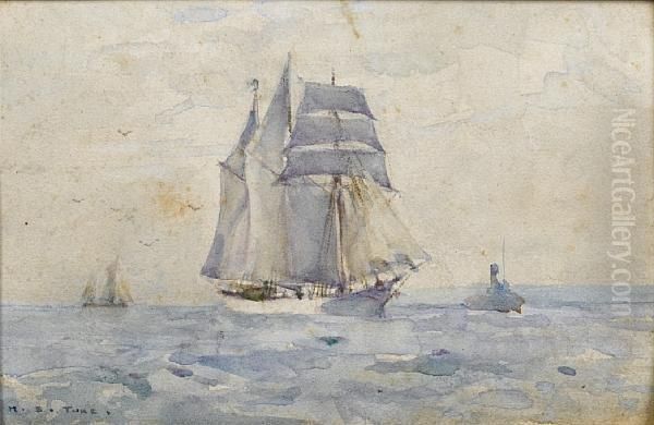 A Three-masted Topsail Schooner Heading Intoport With A Tug - view 1