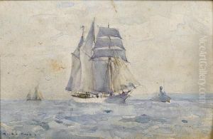 A Three-masted Topsail Schooner Heading Intoport With A Tug