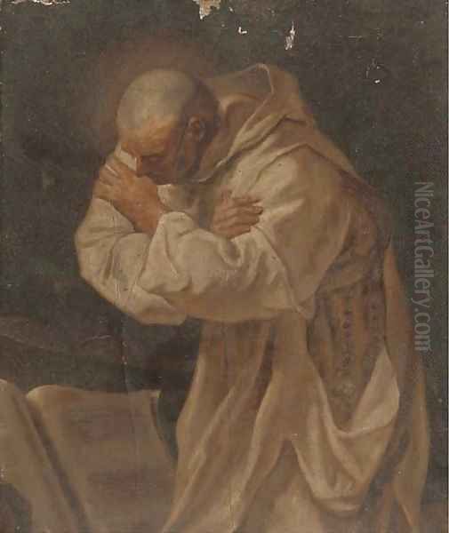 A monk in white robes praying before a book - view 1