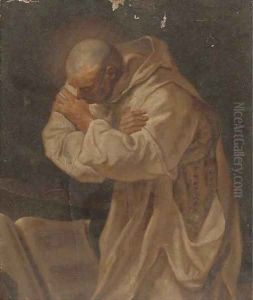 A monk in white robes praying before a book by Pierre Subleyras