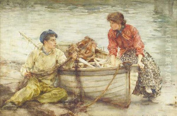 R.a., R.w.s., N.e.a.c. "beach 
Gossip Falmouth", A Young Girl And A Fisherman Seated Beside A Rowing 
Boat Signed And Dated "1907", Also Inscribed With The Title And The 
Artist's Name On The Original Frame - view 1