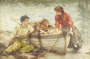 R.a., R.w.s., N.e.a.c. "beach
Gossip Falmouth", A Young Girl And A Fisherman Seated Beside A Rowing
Boat Signed And Dated "1907", Also Inscribed With The Title And The
Artist's Name On The Original Frame by Henry Scott Tuke