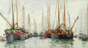 Gaily Coloured Fishing Vessels At Anchor by Henry Scott Tuke