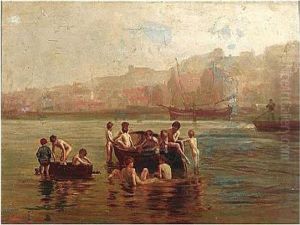 Nudes Swimming By A Boat by Henry Scott Tuke