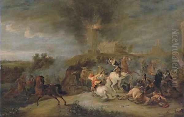 A cavalry skirmish with soldiers pillaging a village - view 1