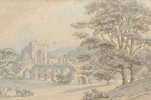 Cattle grazing before Tintern Abbey (illustrated); and A lake in the Highlands by Thomas Sunderland