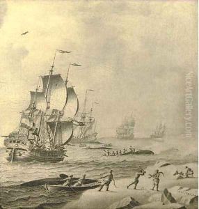 Whaling ships in rough waters with whale hunters bringing in their catch