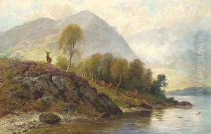 A stag with hinds by a loch by Charles Stuart