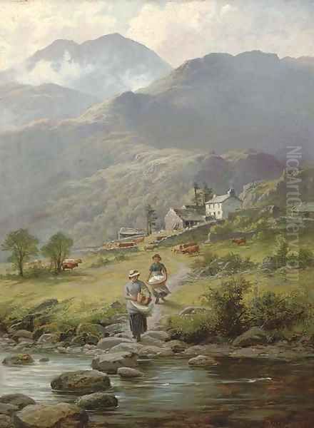 Washing laundry in the river, a mountainous landscape and farmstead beyond - view 1