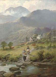 Washing laundry in the river, a mountainous landscape and farmstead beyond by Charles Stuart