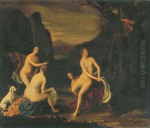 A wooded landscape with Diana and her Nymphs bathing, a satyr spying from a tree by Cornelis Stangerus
