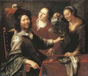 A gentleman seated at a table with two serving girls