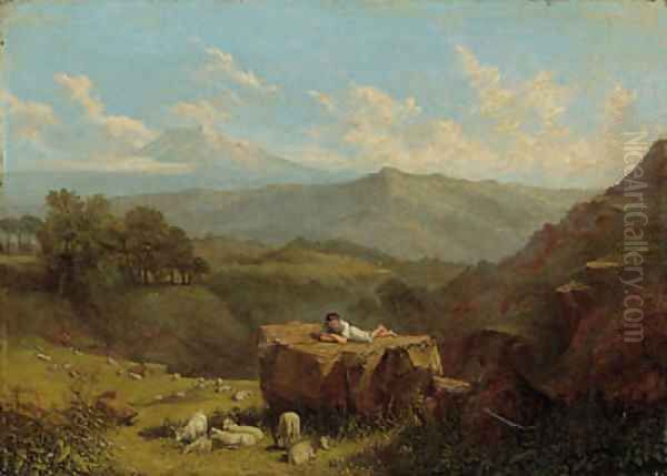 A Shepherd Boy with his Flock, in an extensive mountainous landscape - view 1