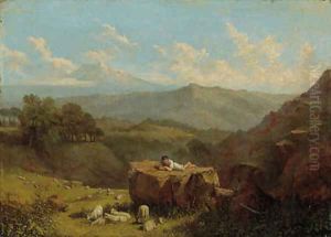 A Shepherd Boy with his Flock, in an extensive mountainous landscape by Francis Stevens