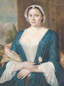 Portrait of a lady, half-length, in a blue and white dress with a pink shawl and white cap by Harmen Serin